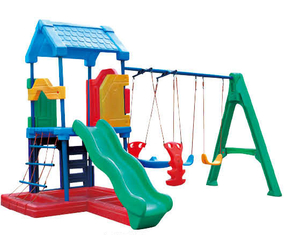 ​Multifunctional Kids Slide Swing Set with net climber and house playground from China Manufacturer (M11-09503)
