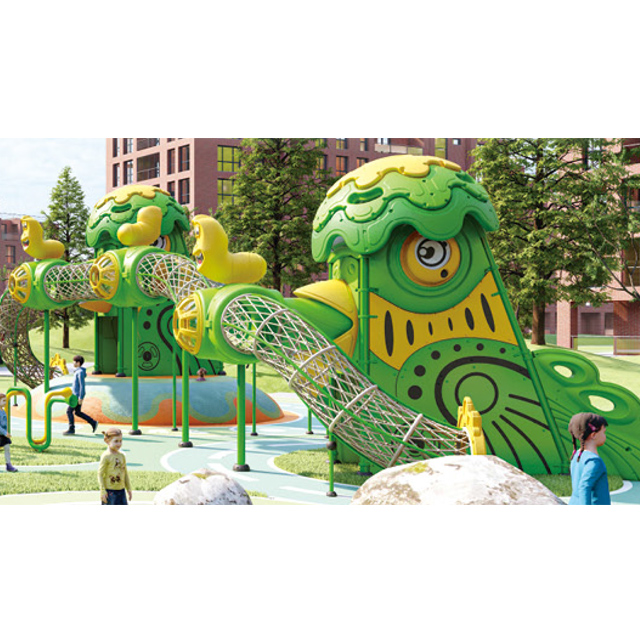 One Layer Green Parrot Outdoor Playground with Multi-slides And Net Tunnel (HLD- 00201)