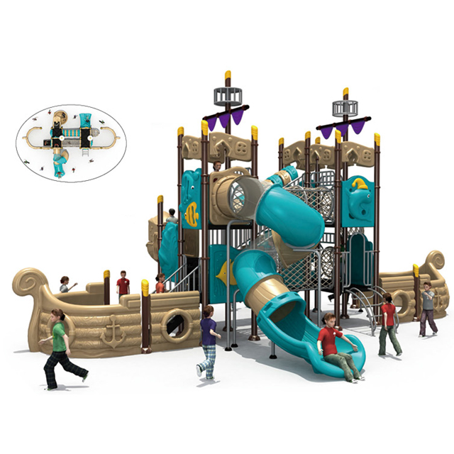 Pirate Ship Outdoor Playground with Multi-slides And Net Tunnel (HLD-02001)