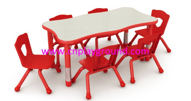 Kindergarten Wooden Wavy Red Edge Toddler Table for Six (HG-5002)