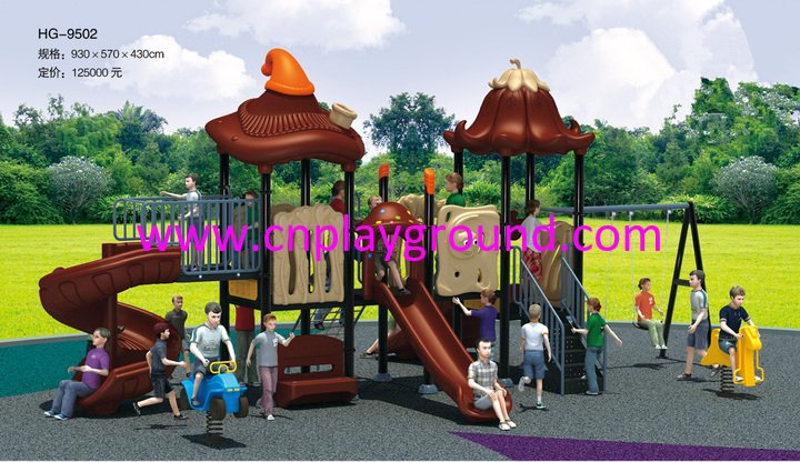 Outdoor Small Brown Vegetable Roof Children Slide Playground with Swing Equipment (HG-9502)