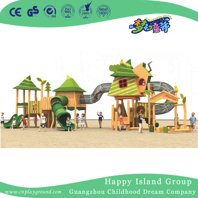 Outdoor Wooden Playhouse Playground With Cylinder Slide (1907401)